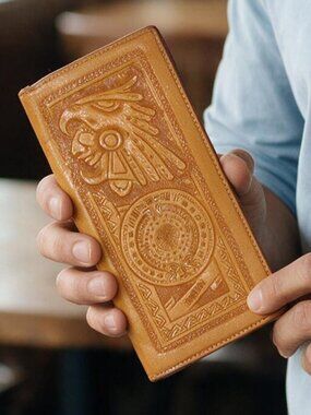 AZTEC Quetzalcoatl / Sun Stone Vintage Tooled Leather Billfold Wallet - MEXICO